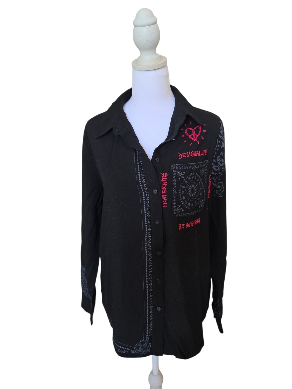 Desigual Black Button-Down Shirt with Pink Graphic Accents